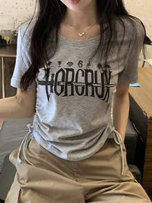 DAZY Women's Letter Print Round Neck Short Sleeve Casual Drawstring T-Shirt - Grey - View 1