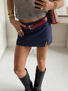 Firerie Falda pantalón de rayas azul marino con corte sastre - Minifalda con pantalón corto incorporado para un estilo sin esfuerzo del trabajo al fin de semana, falda pantalón a rayas casual para mujer, falda pantalón de rayas, falda pantalón con corte sastre, falda pantalón para mujer, ropa de trabajo, estilo callejero preppy, minifalda de oficina, armario cápsula de otoño, falda pantalón azul marino, trabajo elegante, moda minimalista - Azul Marino - Ver 2