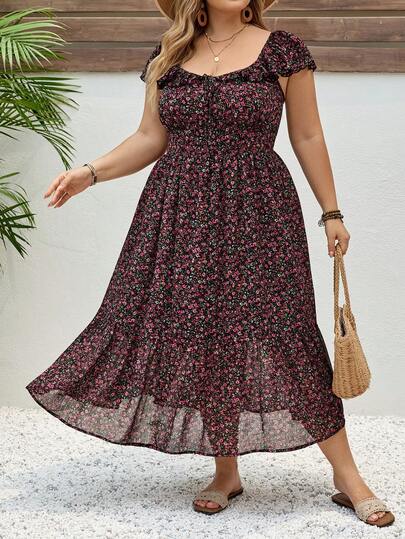 SHEIN CURVE+ Plus Size Women's V-Neck Waist Cinched A-Line Midi Dress, Chiffon Ruffle Sleeve A-Line Dress, Summer Vacation Dress, Romantic Wedding Season Wear, Suitable For Lunch