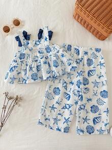 SHEIN Bộ 2 món cho bé gái mùa hè, kiểu dáng dễ thương, đi nghỉ mát, in họa tiết, áo hai dây và quần cạp chun. - Nhiều màu - Xem 2