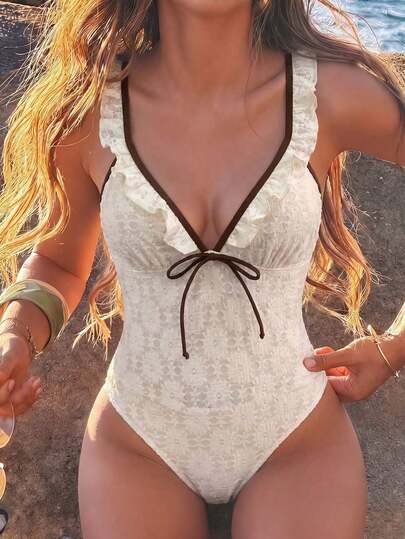 Swim SXY New Spring/Summer Lace Contrast Color Striped Deep V Ruffle Backless Sexy One-Piece Swimsuit For Women