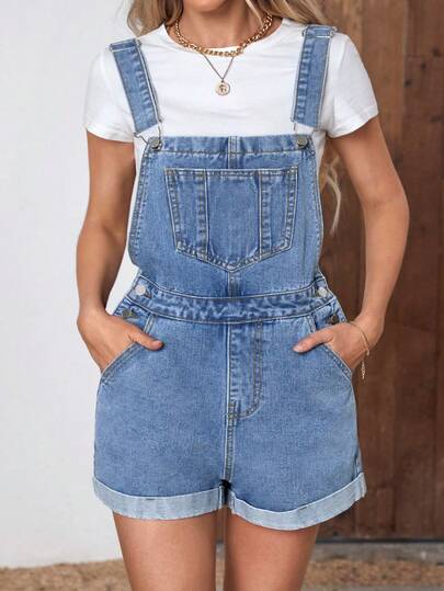 Jeanoix Bộ áo liền quần denim dáng rộng, thoải mái, trang trí đinh tán, gấu áo xắn, dành cho nữ, mùa hè, thích hợp mặc hàng ngày đi làm.