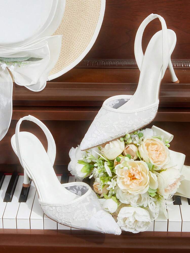 CUCCOO HITCHD Women Shoes Pointed Thin High Heel White Lace Mesh Back Strap Women Low Vamp Empty High Heel Shoes Fashionable And Elegant Wedding Banquet Daily Versatile Women's High Heel Shoes