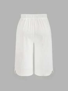 SHEIN LUNE CURVE Women's Plus Size Casual White 100% Cotton Linen Shorts,Comfortable Basic Solid Long Pants,Summer Sommar Outerwear,Vacation Holiday,Soft - White - View 2