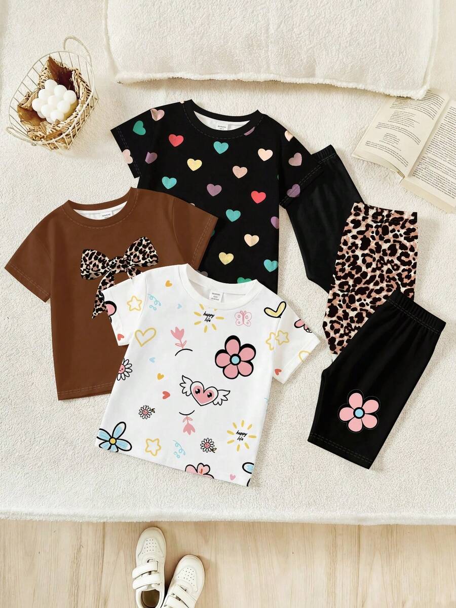 6pcs/Set Baby Girls' Casual Cute Floral,Leopard Bow & Letter Print Short Sleeve T-Shirt & Matching Shorts,Summer Multicolor Vacation Outfits - Multicolor - View 1