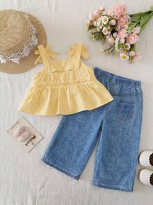 2 Pieces Baby Girl Blue And Yellow Striped,Summer,Cute,Vacation Set,Textured Tank Top & Flower Embellished Denim Straight-Leg Pants Toddler Outfits - Yellow - View 5