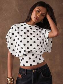 SHEIN BAE Women's Elegant White And Black Polka Dot Batwing Sleeve Cropped T-Shirt, Summer, Chic, Tea Party Going Out Day Party Brunch Casual Top For Beach - Black and White - View 3