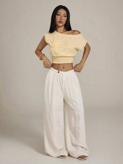 SHEIN PETITE Women's Casual Solid Color Oblique Shoulder Knit Top, Vacation Casual For Women, Summer Holidays, Spring Breaks, Party, Beach, Spring , Valentine's Day,Tropical Vacation, Bohemian Outfits, Ibiza Outfits, Western Style