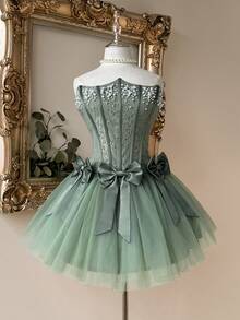 Lovelzi 优雅浪漫蕾丝网纱泡泡裙，无肩带束身胸衣，可拆卸蝴蝶结系带，可调节肩带，适合沙滩、假日派对、生日、毕业典礼、舞会、婚礼、鸡尾酒会等场合的女士礼服 - 橄欖綠 - 查看 7