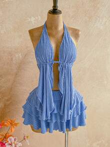 Soleia Plus Size New Light Blue Summer Boho Beach Holiday Knit Textured Halter Neck Asymmetric Hem Top + Low Waist Layered Ruffle Hem Skirt 2 Piece Set - Blue - View 4