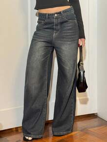 BiaLiraa 女士直筒牛仔裤 Y2k - 深色水洗藍 - 查看 3