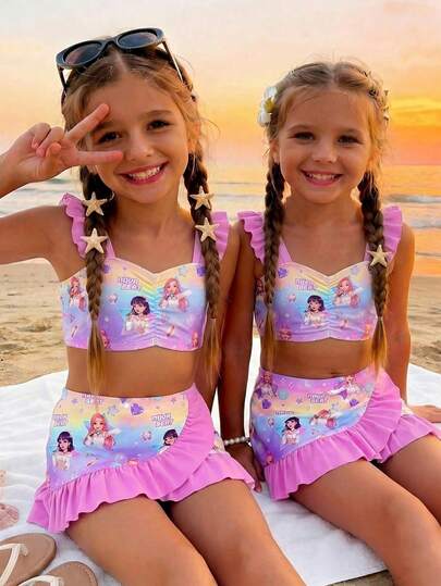 SHEIN Traje de baño de 3 piezas con estampado de superestrellas de K-Pop, volantes, para niñas - Traje de baño infantil, ideal para sesión de fotos en la playa de vacaciones