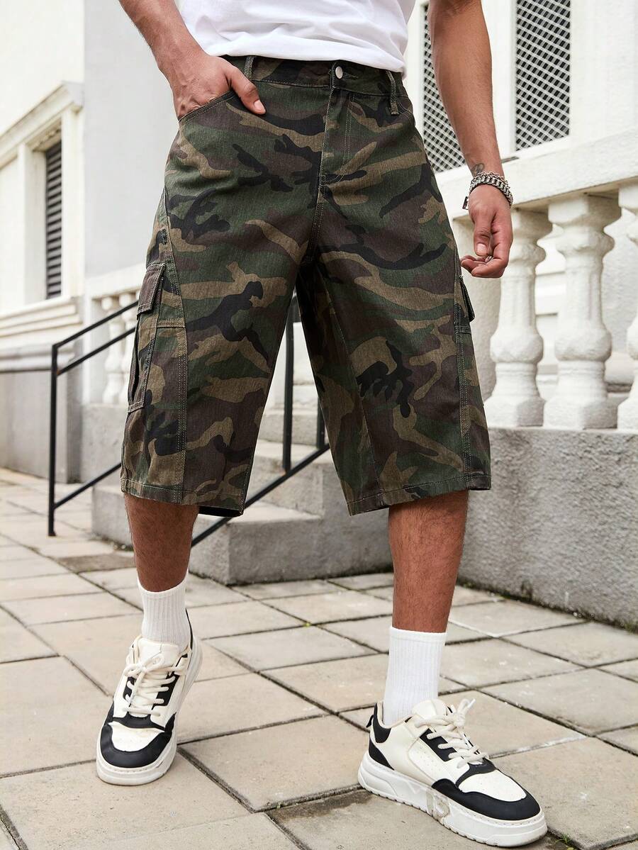 GALLERY FADE 男士休闲街头风多口袋做旧迷彩牛仔短裤 - 軍綠色 - 查看 1