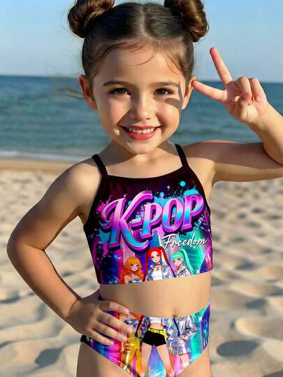 SHEIN Young Girl Cartoon Character Print Colorful Sporty Camisole And Bikini Swimsuit Set, Suitable For Summer
