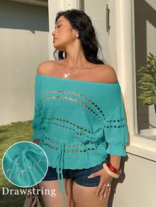 Sunnyshic Áo kiểu nữ thường ngày đơn giản, thanh lịch, lãng mạn, nhẹ nhàng, phù hợp đi làm, dạo phố, đi nghỉ mát, dã ngoại, thiết kế tinh tế; Áo chui đầu tay ngắn trễ vai, dây rút, khoét lỗ, bèo nhún, màu mơ, tôn dáng, cỡ lớn; Áo len dệt kim móc thời trang, mùa xuân hè. - Màu xanh Bạc hà - Xem 1