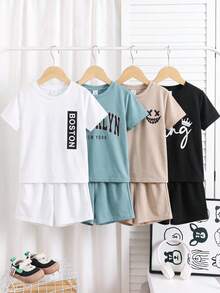 SHEIN 8件套男童舒适休闲日常百搭字母印花短袖T恤短裤套装，适合春夏穿着，日常穿着、运动、郊游、上学、聚会、节日、拍照、返校季等场合皆宜。 - 彩色 - 查看 7