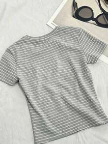 DAZY Solid Color Round Neck Fitted Short Sleeve Women T-Shirt Petite - Grey - View 4