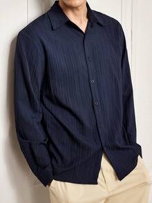 Officeau Men's Casual Basic Ribbed Ribbed Textured Fabric Button-Up Long Sleeve Collared Shirt - Navy Blue - View 6