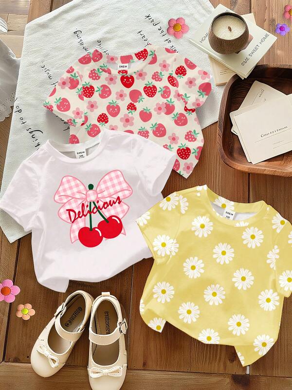 3pcs Baby Girls' Casual Strawberry, Sunflower & Bow Tie Cherry Print Round Neck Short Sleeve Knit T-Shirt, Suitable For Summer School, Home, Outdoor Gathering, Cute Summer Outfit, Korean Style