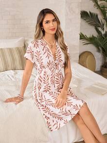Serenescape Summer Short Sleeve Floral Leaf Print Casual Nightgown For Women - Multicolor - View 3