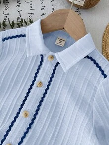 LMoss Kids Bộ 2 món áo sơ mi và quần short dệt kim thường ngày cho bé trai - Màu xanh nhạt - Xem 3