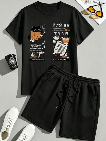 Hombre002y007 Conjunto de camiseta negra con estampado y pantalón corto negro, ropa deportiva con envío desde México, transpirable y cómoda, para baloncesto, fútbol y bádminton