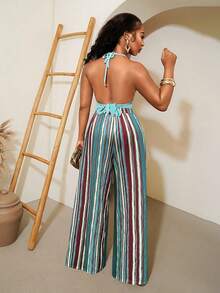 SHEIN VaVaLuxe Vibrant Multi-Stripe Drawstring Waist Wide-Leg Pants - Perfect For Vacation & Summer Outings - Aqua Blue - View 2