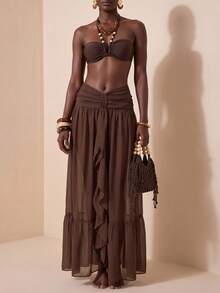 Zivah 最新款女士优雅镂空雪纺半身裙罩衫，适合海滩、泳池派对、度假，棕色 - 棕色 - 查看 8