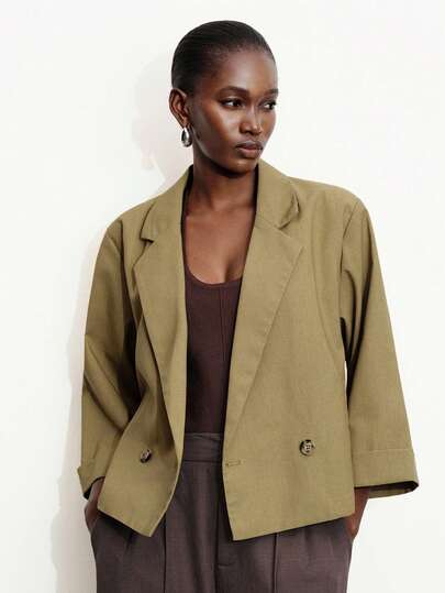 Aveloria Modichic Women's Blazer Jacket Loose Silhouette Cut Notch Lapel Single-Breasted Wide 3/4 Sleeves Side Pockets Business Casual Elegant Minimalist Olive Green Office Work Commute Spring Autumn Professional Women Tailored Solid Color Women's Blazer Elegant Women's Blazer Business Casual For Women Office Outfits For Women Work Outfits For Women Mother's Day 15-25 Degrees