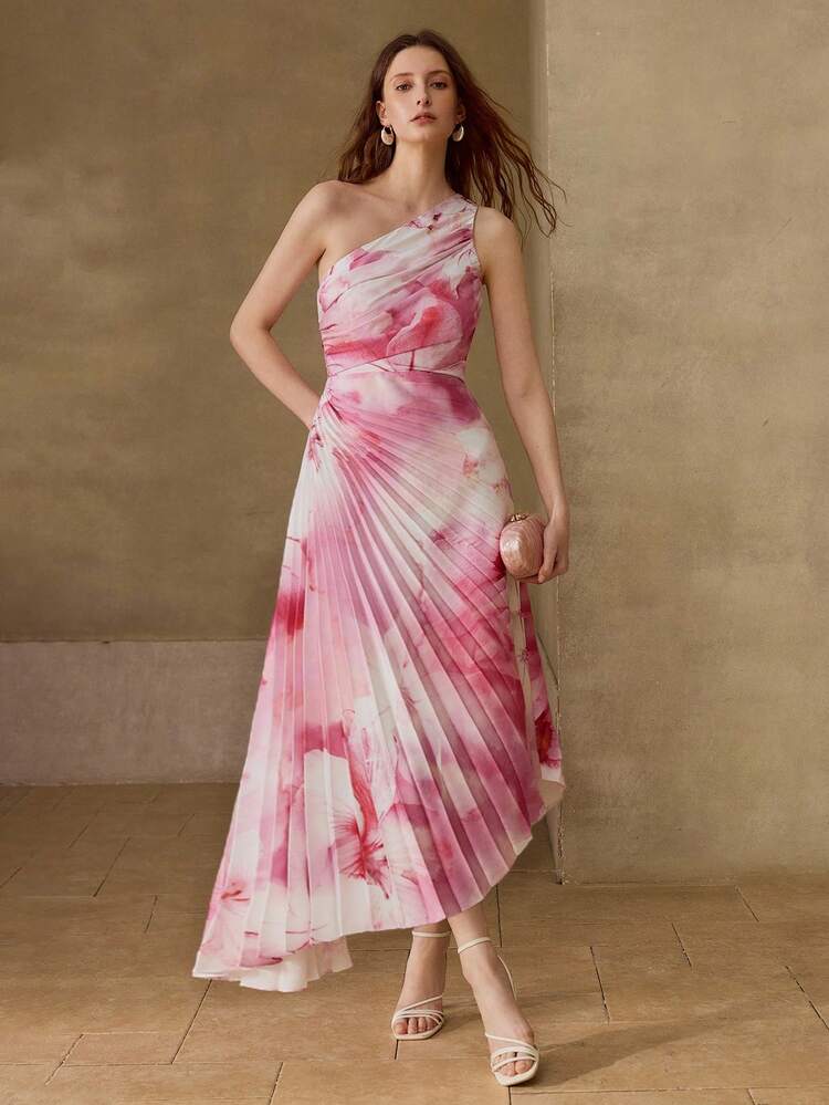 WOMEN'S PLEATED FLORAL PRINT ROMANTIC DATE DRESS, SPRING/SUMMER