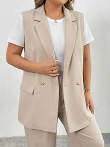 SHEIN CURVE+ Áo vest blazer cổ ve lật hai nút cỡ lớn, trang phục công sở, lễ tốt nghiệp, tựu trường, trang phục giáo viên dành cho nữ mùa thu/đông. - Màu be - Xem 8