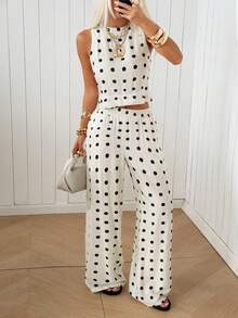 SHEIN EZwear 白色背景黑色波点女士圆领背心和裤子休闲度假套装 - 白色 - 查看 3