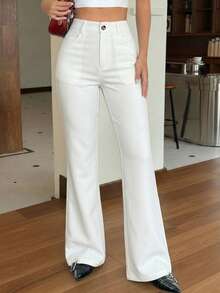SHEIN EZwear 白色针织修身喇叭裤，女士款，适合通勤。 - 白色 - 查看 4