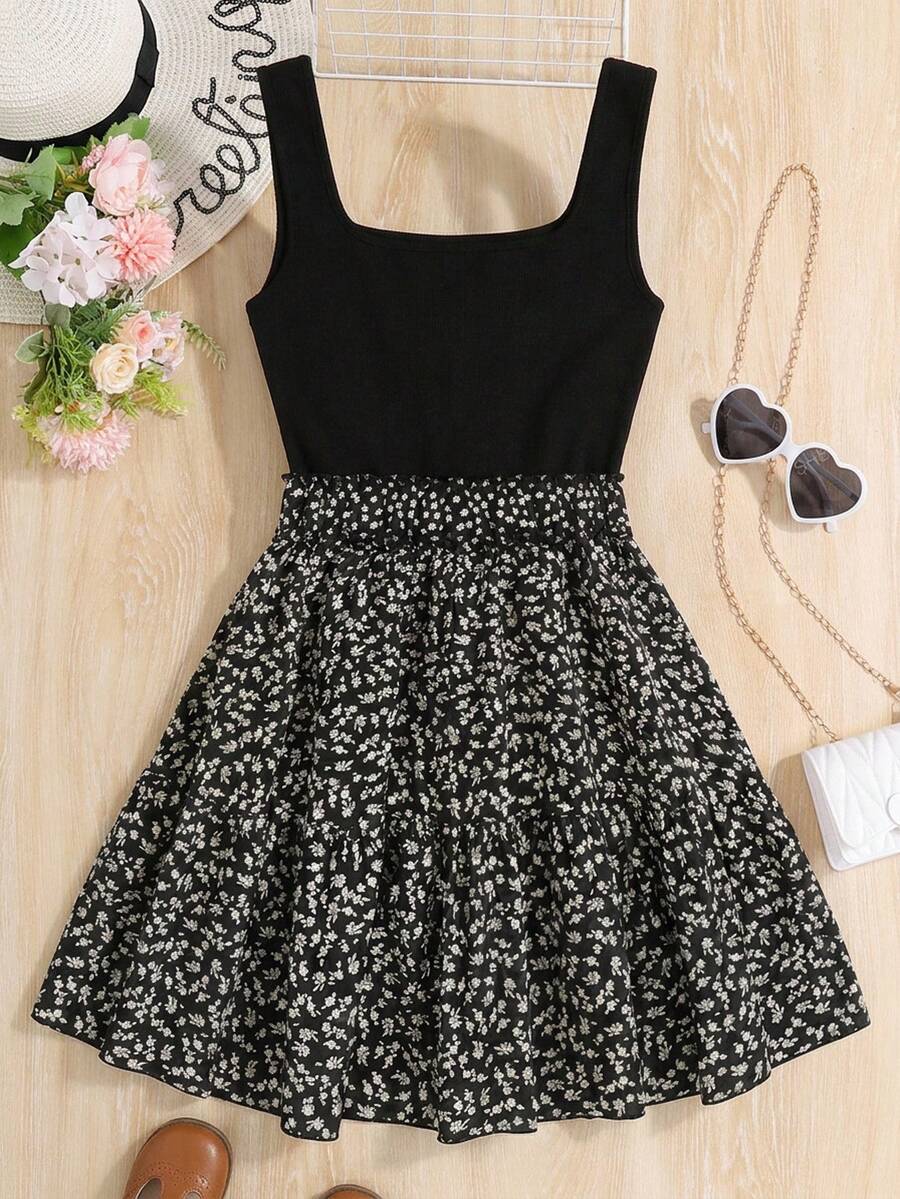 SHEIN Đầm chữ A dệt kim họa tiết hoa nhí màu đen dành cho thiếu nữ, thích hợp cho kỳ nghỉ. - màu đen - Xem 1