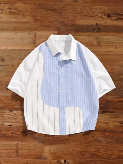 Manfinity Joysei Boxy Shirt Men's Striped Short Sleeve Single-Breasted Casual Shirt Holiday  Vacation  Beach Hawaii