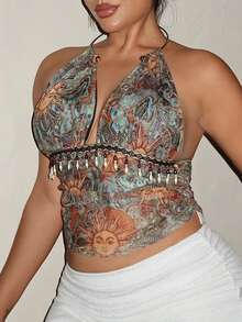 Maria Perezxox Sommer Frauen Sexy Vintage Muster Mesh Tiefer Ausschnitt Perlen Dekor Bodycon Trägertop, geeignet für Urlaubsparty, Weihnachten, Date Night, Nachtclub, Bohemian, Boho, Urlaub, Boho Sommer Top Hippie Top Boho Zweiteiler Frühling Frauen Valentinstag Strand Elegant Lässig Urlaub - Verschiedenfarbig - Übersicht 6