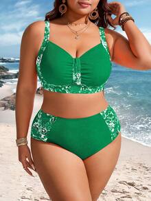 Swim Lushoire 大码女式两件套随机印花吊带坦克背心泳衣套装 - 綠色 - 查看 3