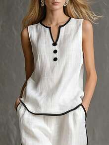 EMERY ROSE Women's White And Black Chic Linen Sleeveless Shirt,Contrast Binding V-Neck Button Loose Vest,Summer Brunch Beach Vacation Elegant Casual Blouses - Black and White - View 3