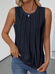 EMERY ROSE Áo tank top nữ cổ tròn không tay, chất liệu vải dệt họa tiết, thích hợp mặc mùa xuân/hè. - Màu xanh lam - Xem 3
