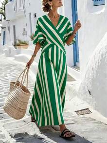 SHEIN Holidaya 女士黄色条纹宽松度假春夏V领修身蝙蝠袖连衣裙，适合度假、休闲、居家和日常活动 - Limelight Green - 查看 6