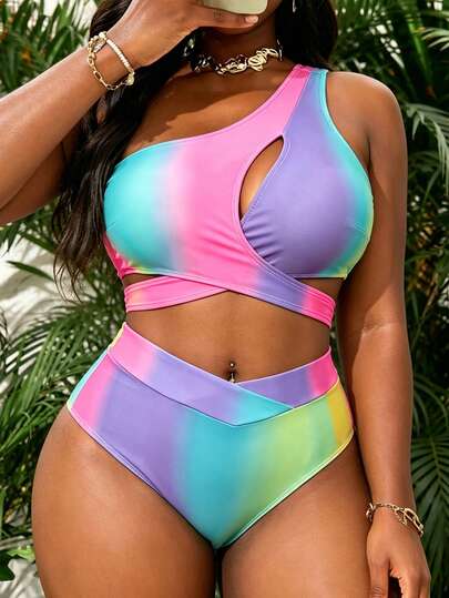 Slaydiva 2026新款加大码女士彩虹渐变镂空吊带泳衣套装，海滩度假，夏季度假装，派对礼服，优雅女士沙滩泳装，女士度假服装