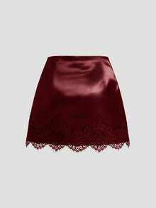 Sweetra Plus Size Women's Brown Satin Lace Patchwork Elegant Slimming Waist Fitted Mini Dress, Soft & Comfortable For Daily Wear, Date, Sexy Mini Skirt, Versatile Elegant Short Dress, Cooling Summer Mini Skirt - Burgundy - View 2