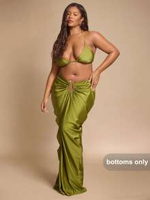 SHEIN BAE Falda de mujer talla grande verde oliva con decoración metálica, elegante para vacaciones de verano, fiesta en la playa, graduación, cumpleaños Y2K de curvas, tela de punto - Verde - Ver 7