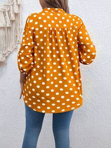 SHEIN Áo kiểu dáng cỡ lớn, cổ chữ V, tay dài, chấm bi, phong cách retro. - Màu vàng - Xem 2