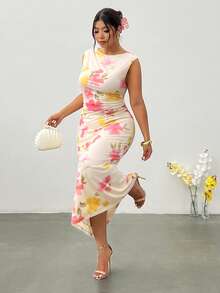 Firerie Plus Size Women's Elegant White Summer Floral Maxi Dress Wedding Guest Vacation Party Tea Graduation Fitted Sleeveless Mesh V-Neck Ruffle - Multicolor - View 8