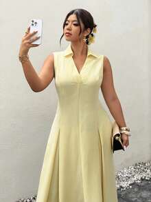 Firerie Plus Size Women's Elegant Summer Yellow Sleeveless V-Neck Waist Gathered A-Line Dress,Casual Daily Commute Beach Tea Party Vacation Chic - Yellow - View 2