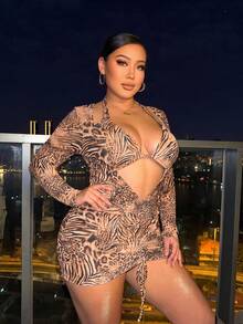 Swim  Conjunto de bikini de 3 piezas con estampado de leopardo talla grande para la playa en verano - Multicolor - Ver 6