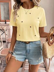 SHEIN Frenchy Áo thun ngắn tay nữ thêu chỉ họa tiết trái tim, kiểu dáng thường ngày, thích hợp mặc hàng ngày. Áo thun mùa hè, áo thun cotton nữ, áo thêu, áo kiểu mùa hè. - Vàng nhạt - Xem 3