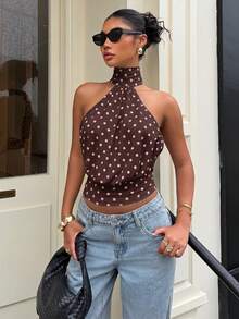 Muchica Pink And Brown Polka Dot Background Polka Dot Halter Neck Tank Top For Women,Summmer Top Party Elegent - Brown - View 4