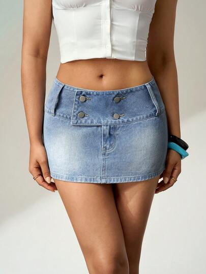 Flexra Chân váy ngắn denim bạc màu phong cách thường ngày dành cho nữ, mùa hè.